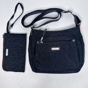 Baggallini Uptown Bagg Crossbody Bag Black Nylon RFID Wristlet Black Leopard